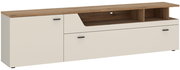 TV-Lowboard in Holzoptik mit cremefarbenen Fronten, seitlicher Perspektive