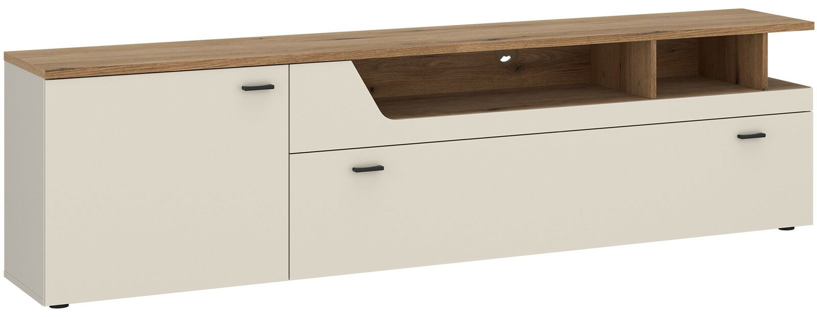 TV-Lowboard in Holzoptik mit cremefarbenen Fronten, seitlicher Perspektive