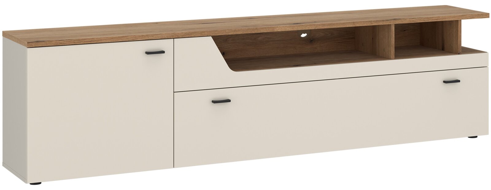 Z2 Tv-kast CUT OUT TV-lowboard in houtlook met crèmekleurige fronten, zijaanzicht