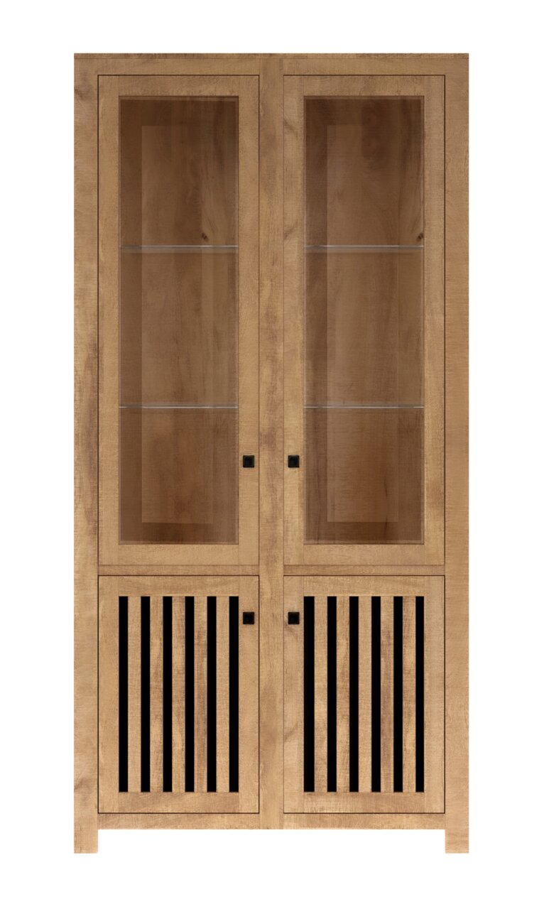 Holzvitrine mit Glastüren und vertikalen Lamellen im unteren Bereich, frontale Ansicht