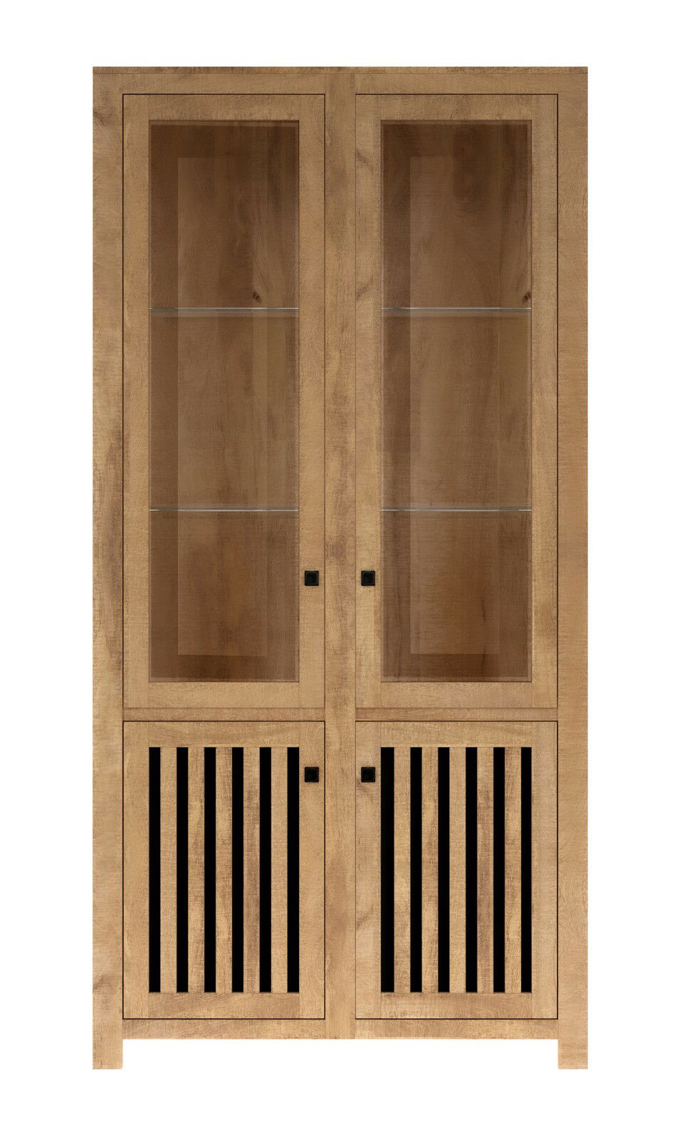 Holzvitrine mit Glastüren und vertikalen Lamellen im unteren Bereich, frontale Ansicht