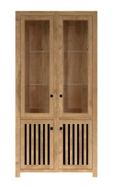 Holzvitrine mit Glastüren und vertikalen Lamellen im unteren Bereich, frontale Ansicht