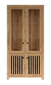 Holzvitrine mit Glastüren und vertikalen Lamellen im unteren Bereich, frontale Ansicht