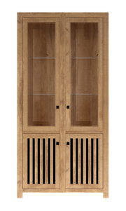 Holzvitrine mit Glastüren und vertikalen Lamellen im unteren Bereich, frontale Ansicht