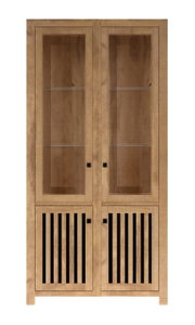 Holzvitrine mit Glastüren und vertikalen Lamellen im unteren Bereich, frontale Ansicht