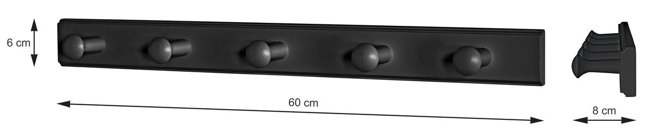 Schwarze Garderobenleiste mit fünf Haken, 60 cm lang, 6 cm hoch, seitliche Ansicht zeigt 8 cm Tiefe.