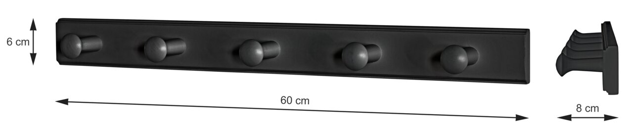 Schwarze Garderobenleiste mit fünf Haken, 60 cm lang, 6 cm hoch, seitliche Ansicht zeigt 8 cm Tiefe.