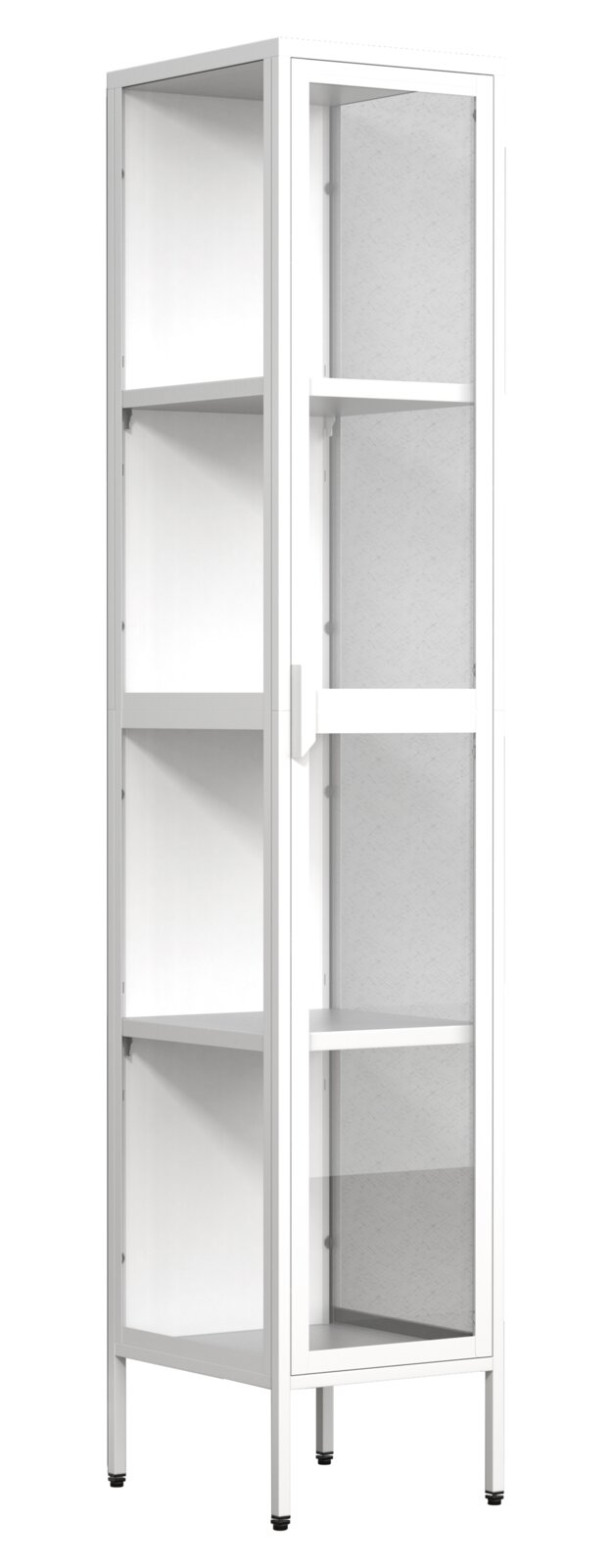 VCM Standvitrine FLOKA Hoher weißer Vitrinenschrank mit Glastür, Metallrahmen und mehreren Einlegeböden auf Füßen, schräg von vorn rechts in leichter Seitenansicht dargestellt