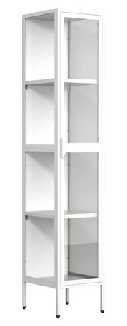 Hoher weißer Vitrinenschrank mit Glastür, Metallrahmen und mehreren Einlegeböden auf Füßen, schräg von vorn rechts in leichter Seitenansicht dargestellt