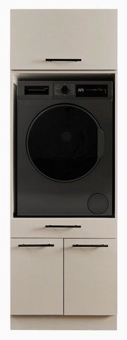 Frontansicht: Schwarze Frontlader-Waschmaschine mit großem Bullauge und Digitaldisplay, integriert in einen weißen Einbauschrank mit Griffen.