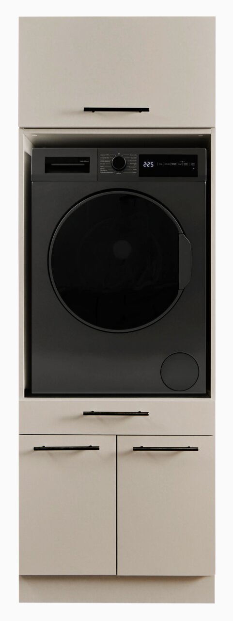 XORA Hauswirtschaftsraum-Kombi PRIMUS Frontansicht: Schwarze Frontlader-Waschmaschine mit großem Bullauge und Digitaldisplay, integriert in einen weißen Einbauschrank mit Griffen.