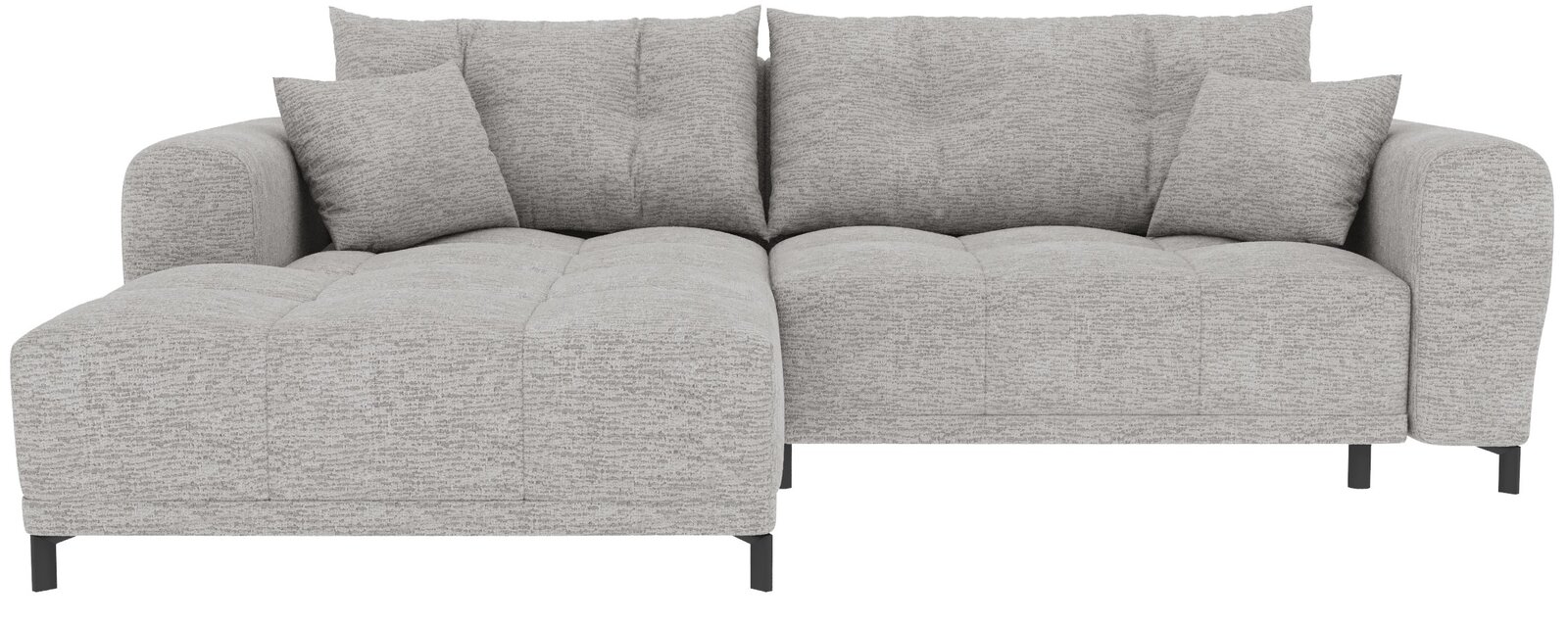 Hellgraues, gepolstertes Ecksofa mit linksseitiger Ottomane, breiten Armlehnen, gesteppten Sitzkissen und mehreren Rückenkissen, Frontansicht auf weißem Hintergrund