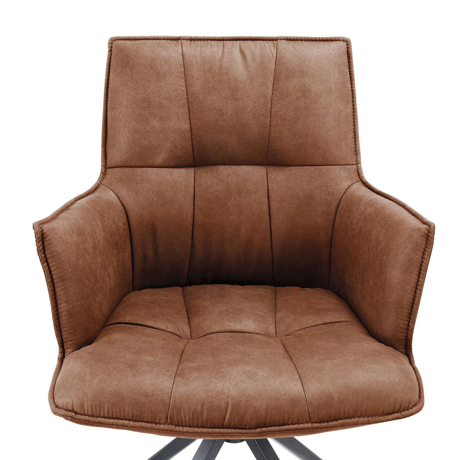 Brauner Sessel aus der Frontperspektive mit gepolstertem Sitz und Armlehnen.