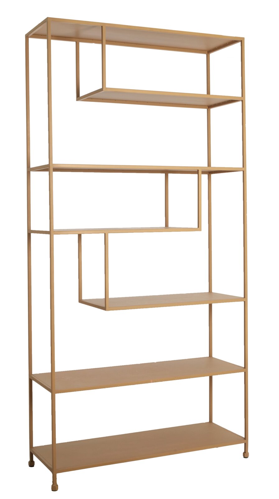 Moderne houten staande boekenkast met asymmetrische vakken, afgebeeld van voren.