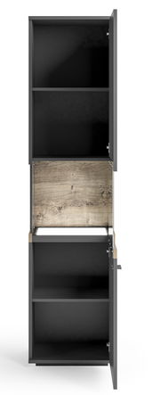 Vitrine in dunklem Design mit Holzelementen, geöffnete Türen, Frontalansicht