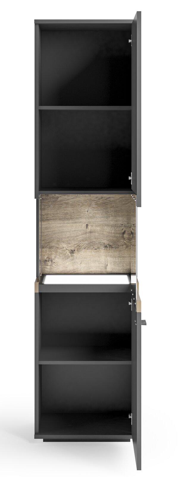 Vitrine in dunklem Design mit Holzelementen, geöffnete Türen, Frontalansicht