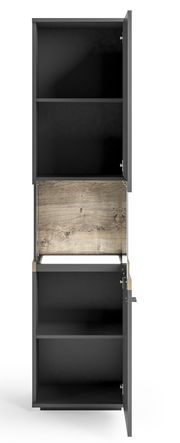 Vitrine in dunklem Design mit Holzelementen, geöffnete Türen, Frontalansicht