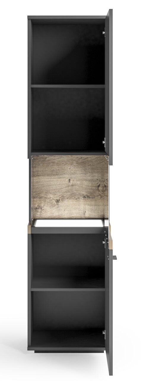 Vitrine in dunklem Design mit Holzelementen, geöffnete Türen, Frontalansicht