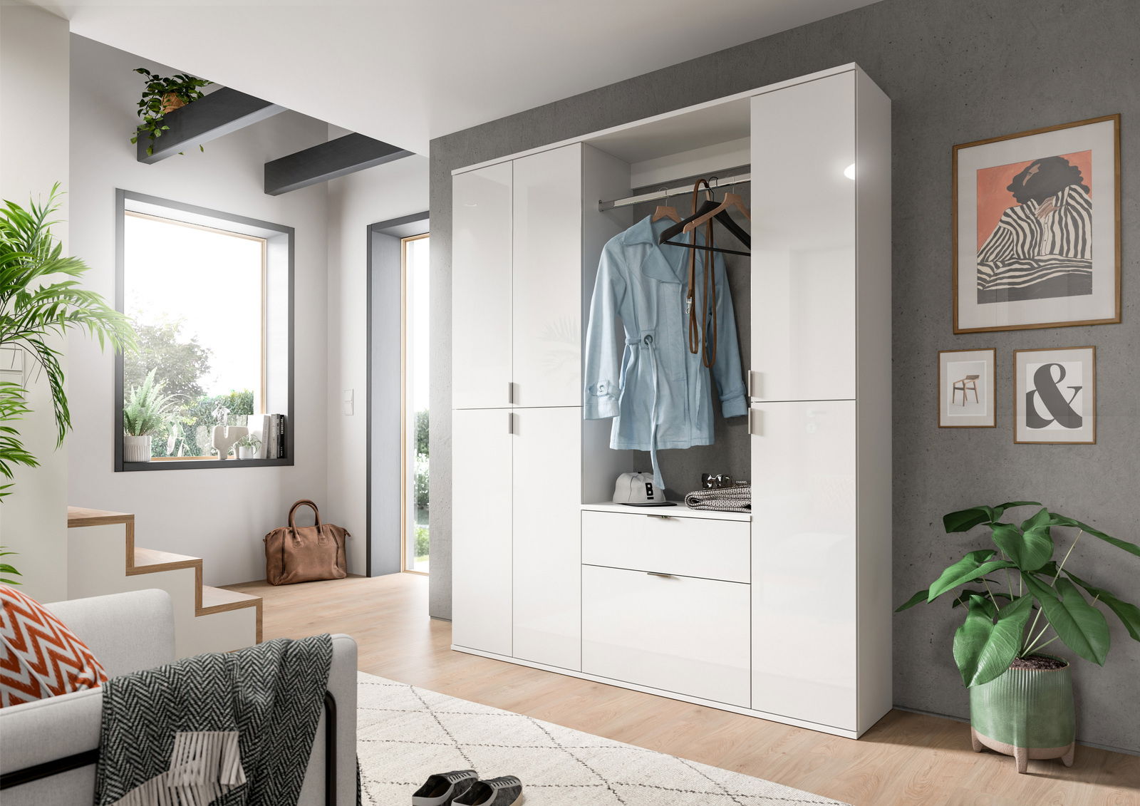 Moderne Garderobenkombination in Hochglanz-Weiß mit offenen und geschlossenen Fächern, frontal abgebildet in einem stilvoll eingerichteten Raum.