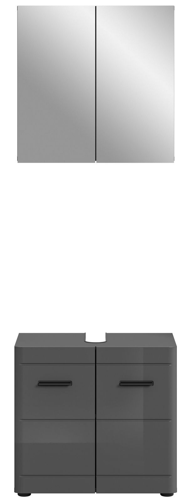 Moderne Badkombination in grauem Hochglanz mit Spiegelschrank und Unterschrank, frontale Ansicht