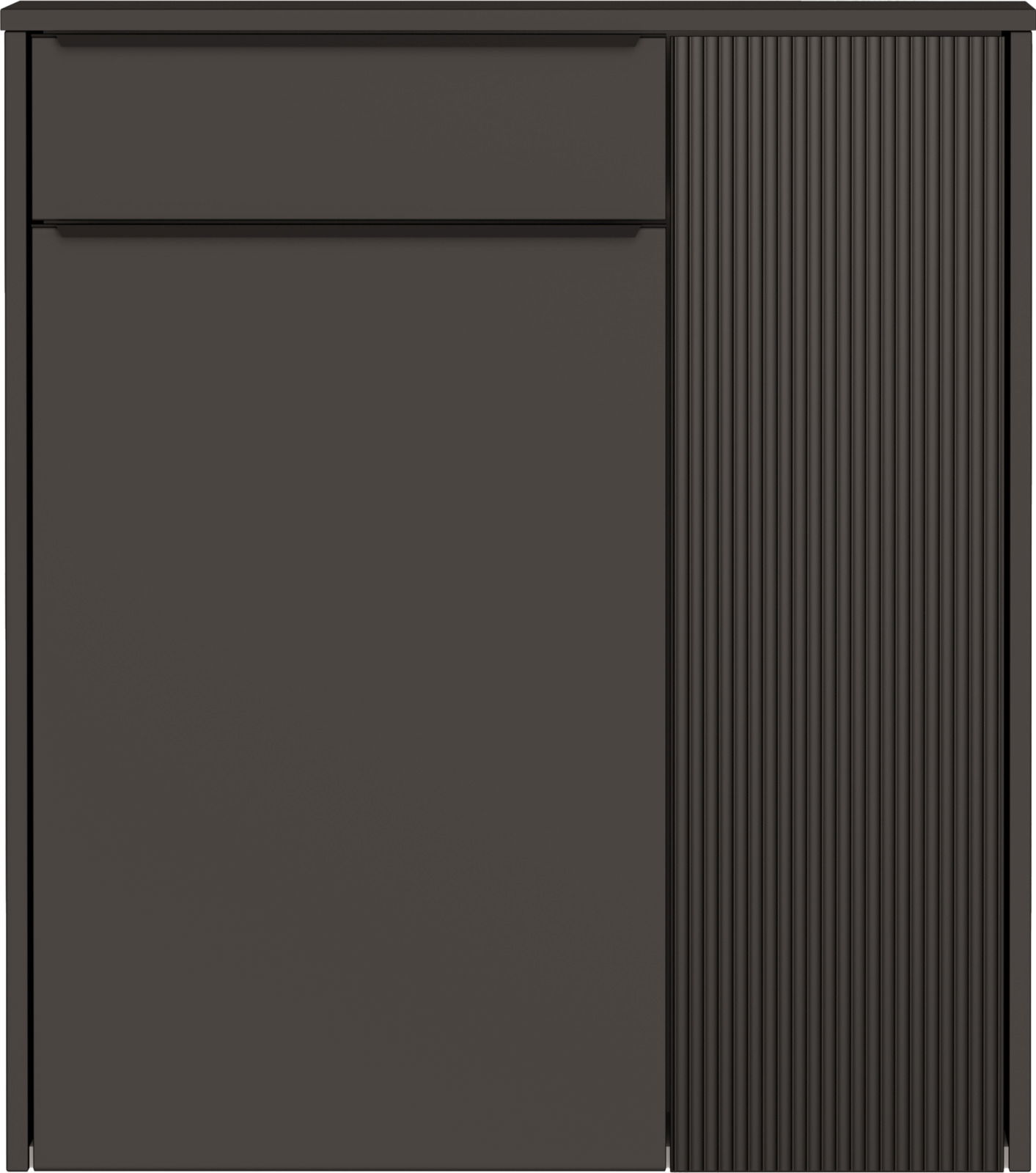 Moderner Hängeschuhschrank in dunklem Design, frontal abgebildet mit einer glatten und einer geriffelten Tür.