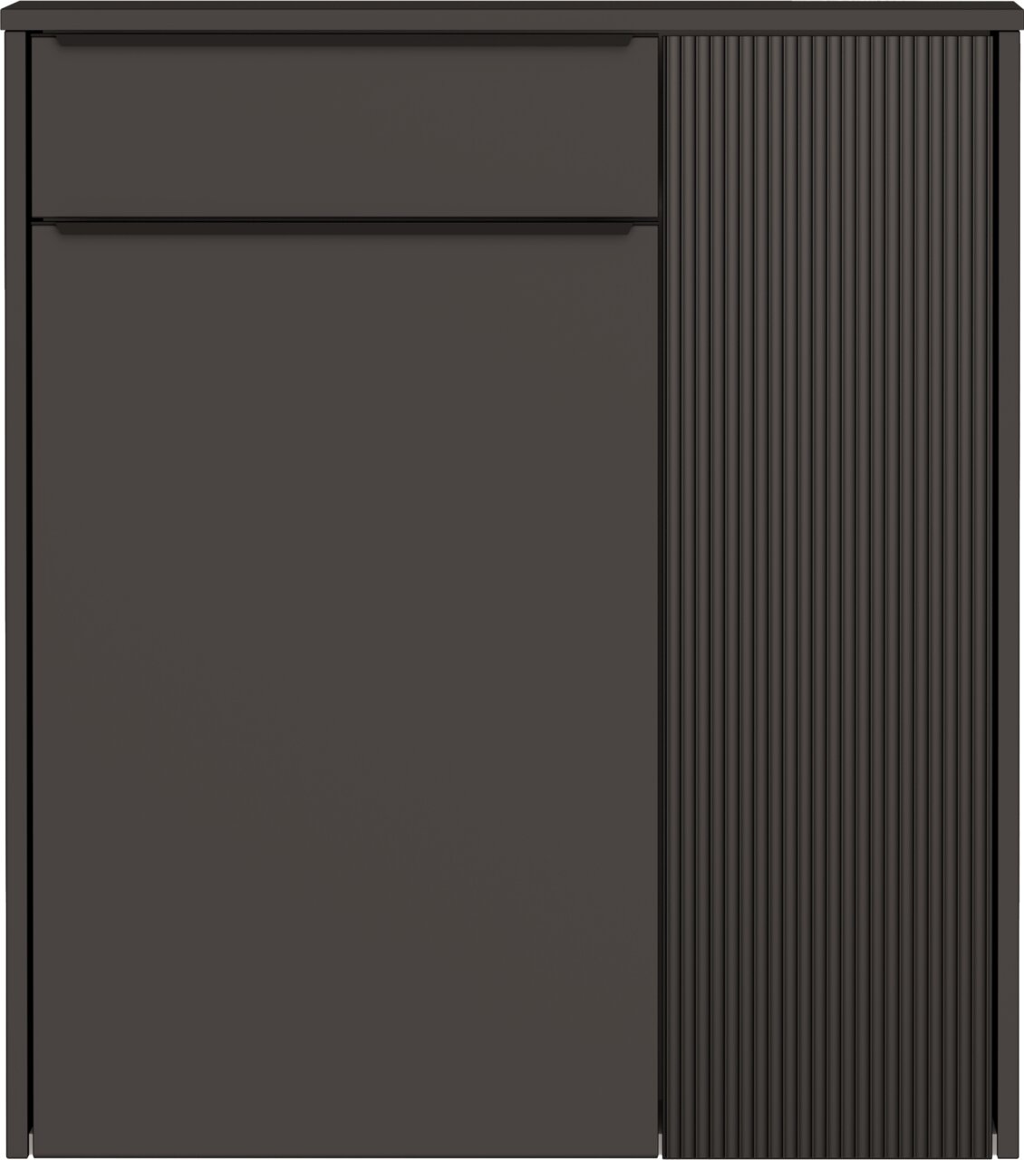 Moderner Hängeschuhschrank in dunklem Design, frontal abgebildet mit einer glatten und einer geriffelten Tür.