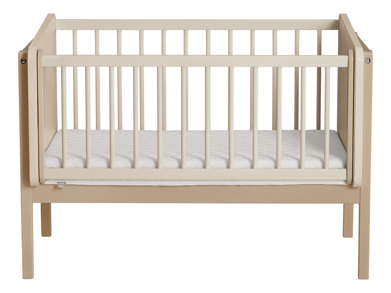 Anstellbett aus hellem Holz mit Gitterstäben, Vorderansicht