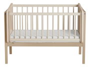 Anstellbett aus hellem Holz mit Gitterstäben, Vorderansicht