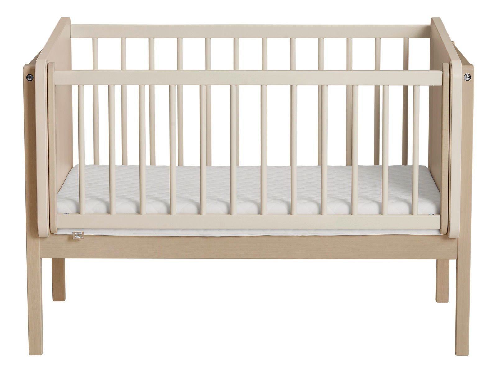 Anstellbett aus hellem Holz mit Gitterstäben, Vorderansicht