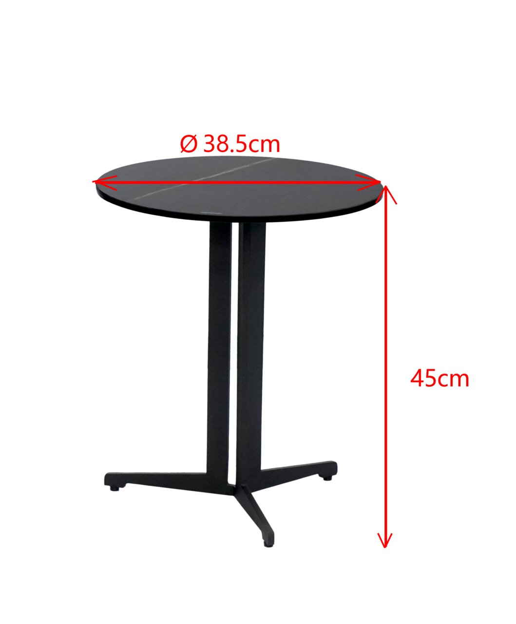 Novel Bijzettafel CATANIA 2 Ronde bijzettafel Novel CATANIA met een diameter van 38,5 cm en een hoogte van 45 cm, gezien vanaf de zijkant.