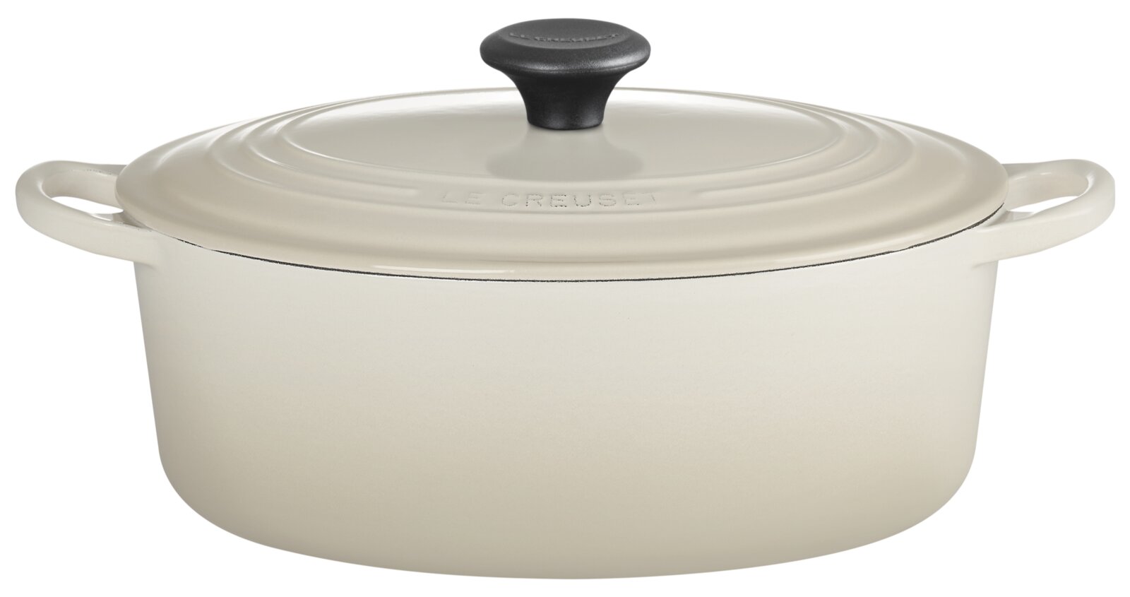 LE CREUSET Bräter 29cm oval DUNE Beiger ovaler Bräter mit Deckel und zwei Griffen, seitliche Perspektive