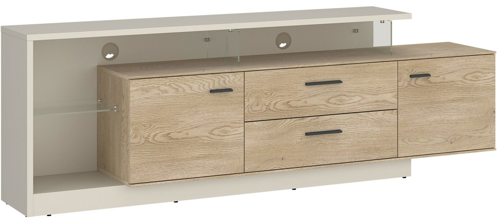 TV-Lowboard aus Holz mit Schubladen und offenen Fächern, seitliche Perspektive