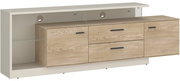 TV-Lowboard aus Holz mit Schubladen und offenen Fächern, seitliche Perspektive