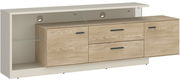 TV-Lowboard aus Holz mit Schubladen und offenen Fächern, seitliche Perspektive