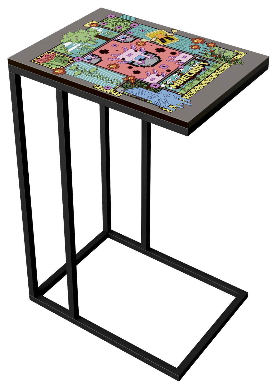 Schwarzer Beistelltisch mit rechteckiger Tischplatte und farbigem Minecraft-Motiv, Metallgestell mit rechteckigem Standfuß, schräg von oben in 3/4-Perspektive dargestellt
