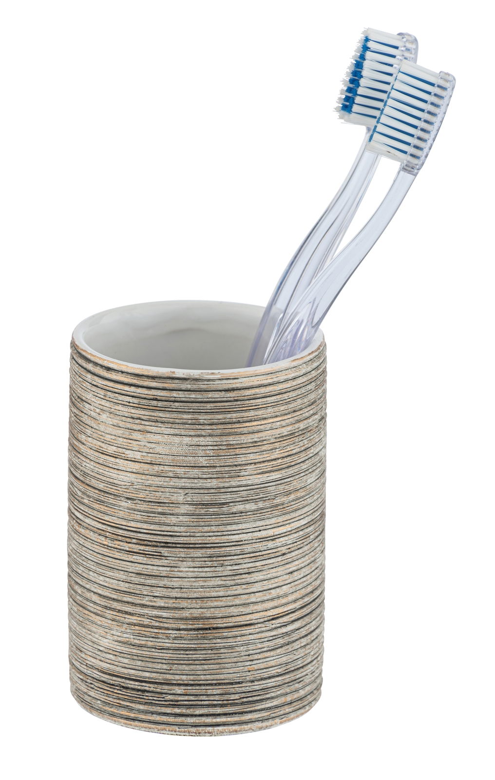 Wenko Keramik Zahnputzbecher FEDIO Keramik Zahnputzbecher mit horizontalen Linienmuster, gefüllt mit zwei transparenten Zahnbürsten, seitliche Perspektive