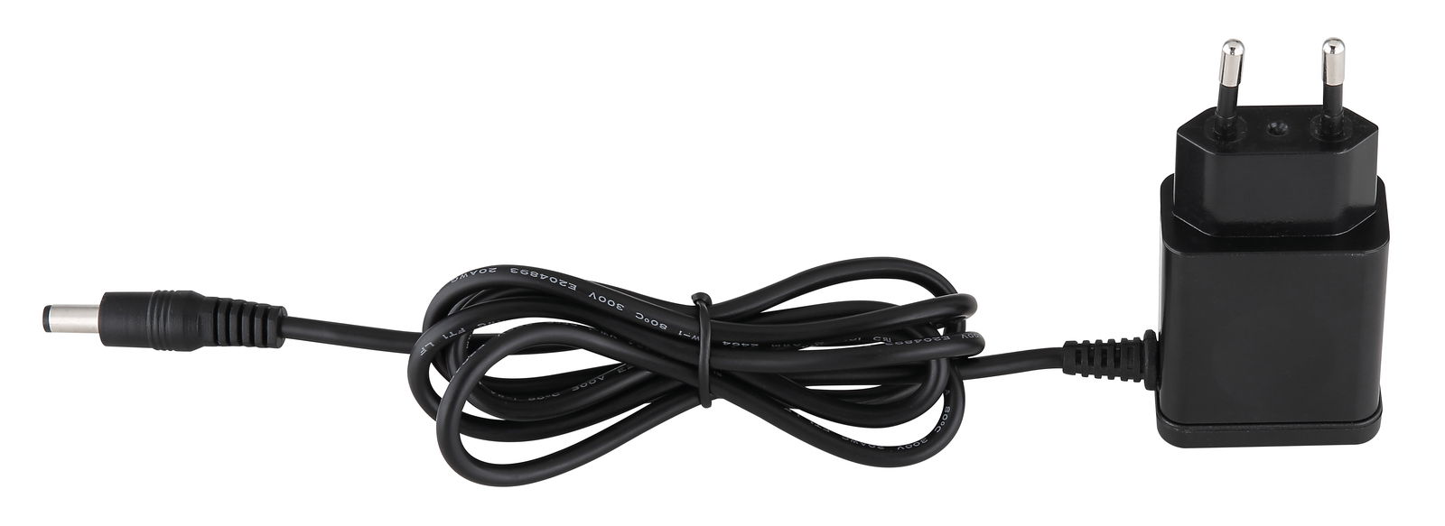 Schwarzes Netzteil mit Kabel, seitliche Perspektive