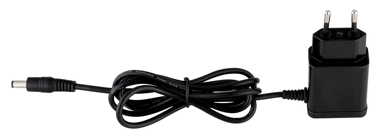 Schwarzes Netzteil mit Kabel, seitliche Perspektive