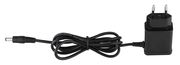 Schwarzes Netzteil mit Kabel, seitliche Perspektive