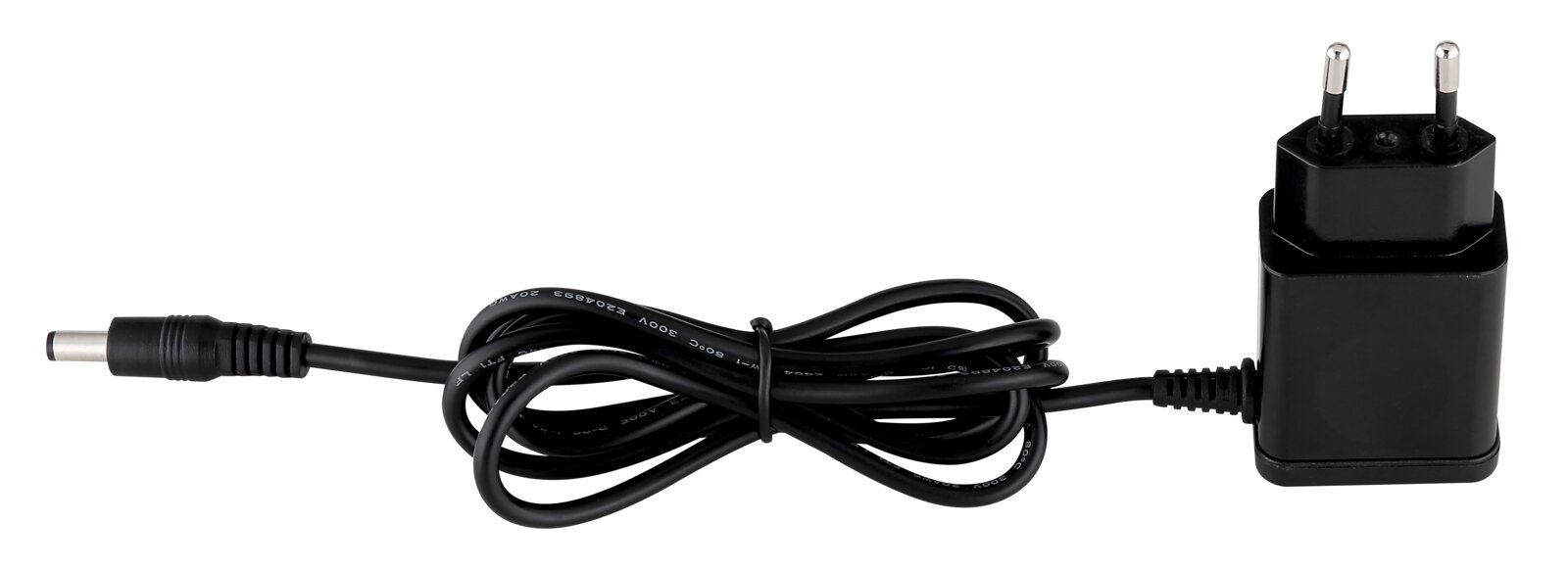 Schwarzes Netzteil mit Kabel, seitliche Perspektive