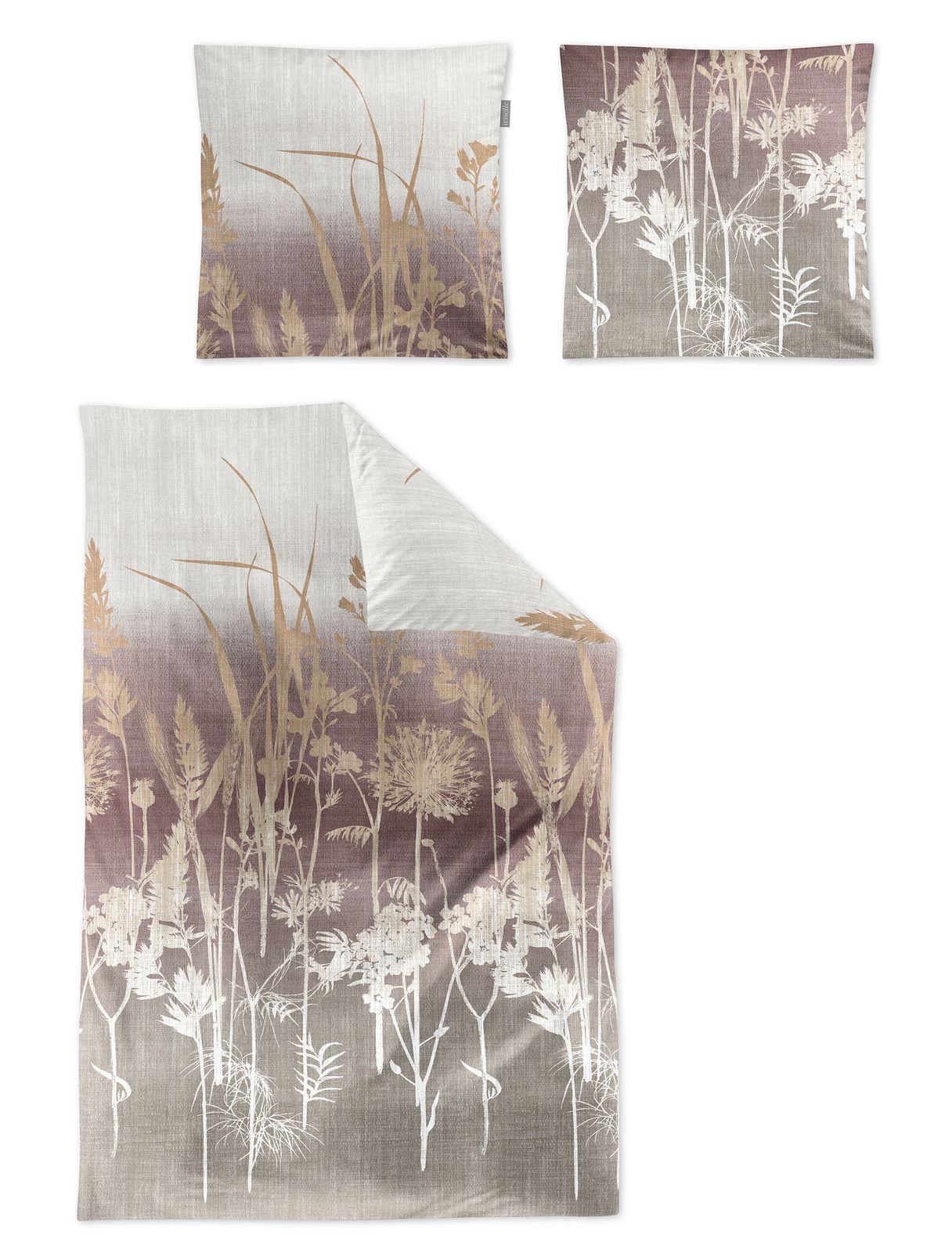 irisette Bettwäsche WAVE Bettwäsche-Set mit floralem Muster in Beige- und Brauntönen, bestehend aus einem Kissenbezug und einem Deckenbezug, aus der Vogelperspektive fotografiert.