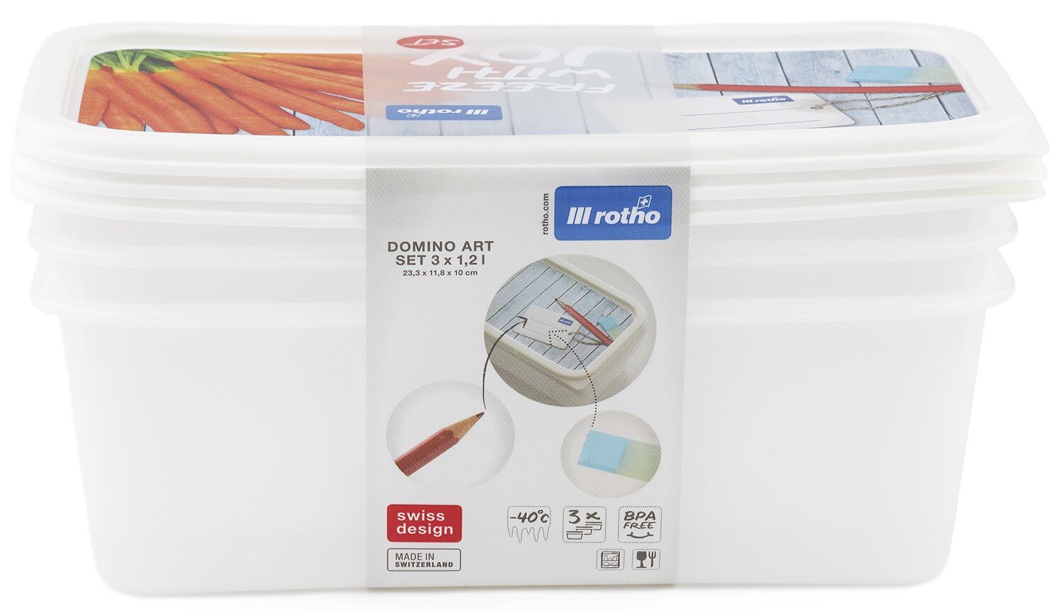 Frontansicht eines weißen Rotho Domino Art Aufbewahrungsboxen-Sets (3 x 1,2 l) mit Deckeln und Produktetikett