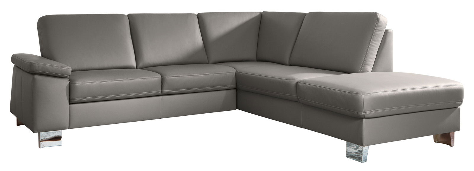 Graue Polsterrundecke in L-Form mit Metallfüßen, seitliche Perspektive