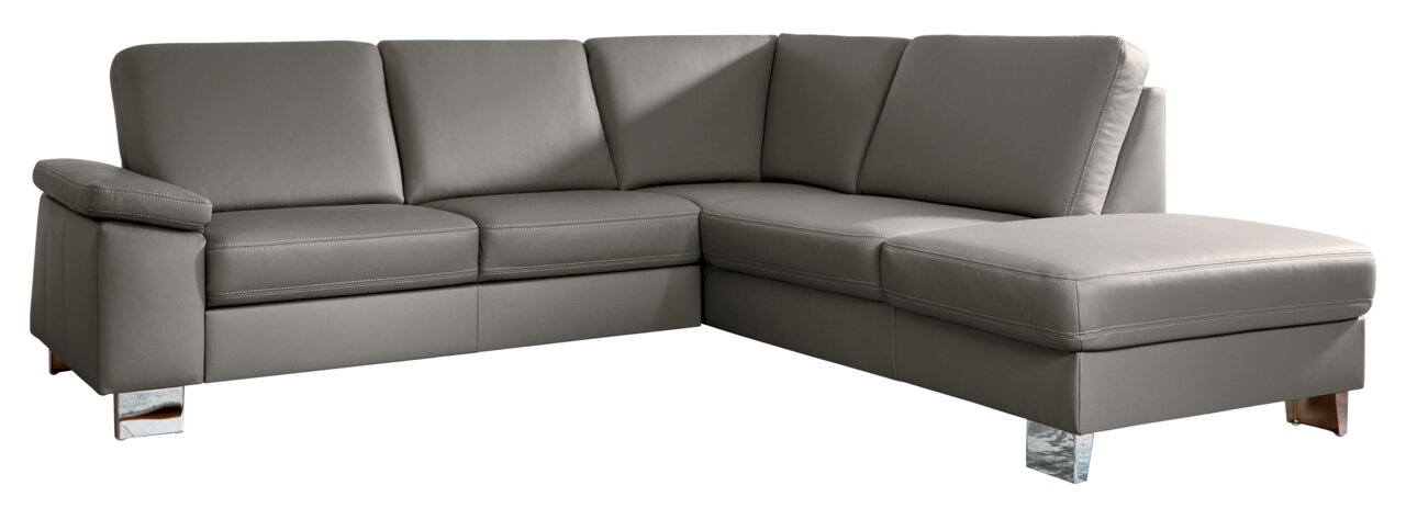 Graue Polsterrundecke in L-Form mit Metallfüßen, seitliche Perspektive