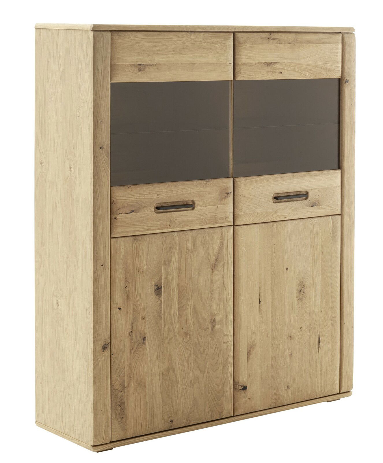 Vitrine ALENTO aus Holz mit zwei Glastüren, seitliche Perspektive