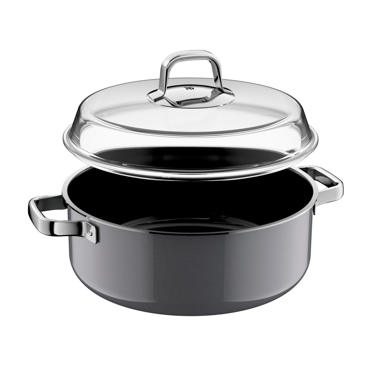 Schmortopf Ø 28cm Platinum mit abgenommenem Deckel, seitliche Perspektive