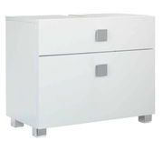 Moderner weißer Waschbeckenunterschrank mit zwei Schubladen und quadratischen Griffen, seitliche Perspektive