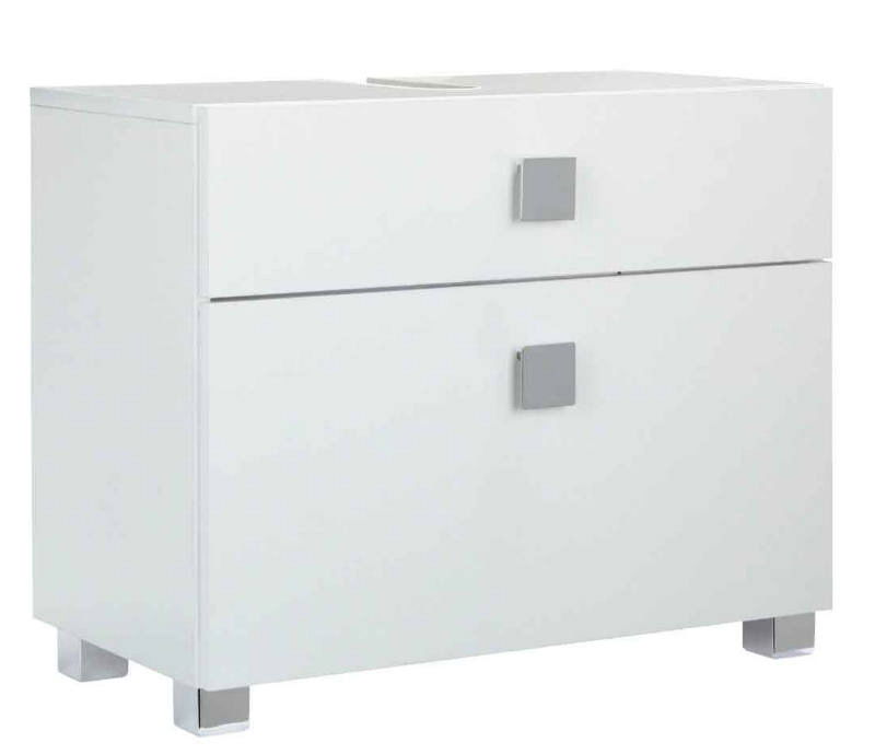 Moderner weißer Waschbeckenunterschrank mit zwei Schubladen und quadratischen Griffen, seitliche Perspektive