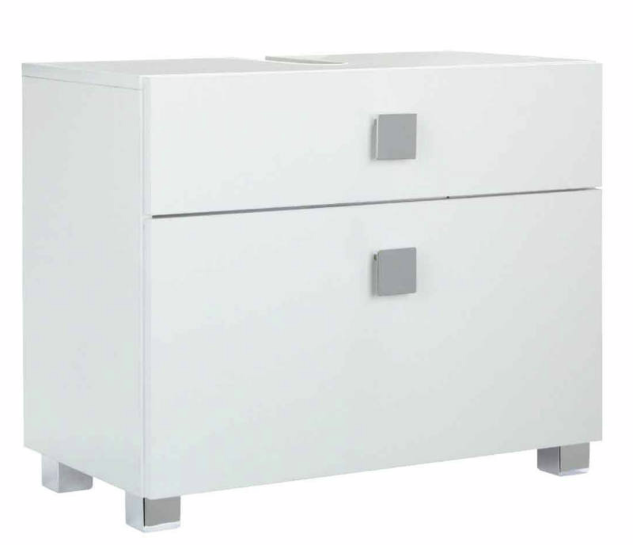 Moderner weißer Waschbeckenunterschrank mit zwei Schubladen und quadratischen Griffen, seitliche Perspektive
