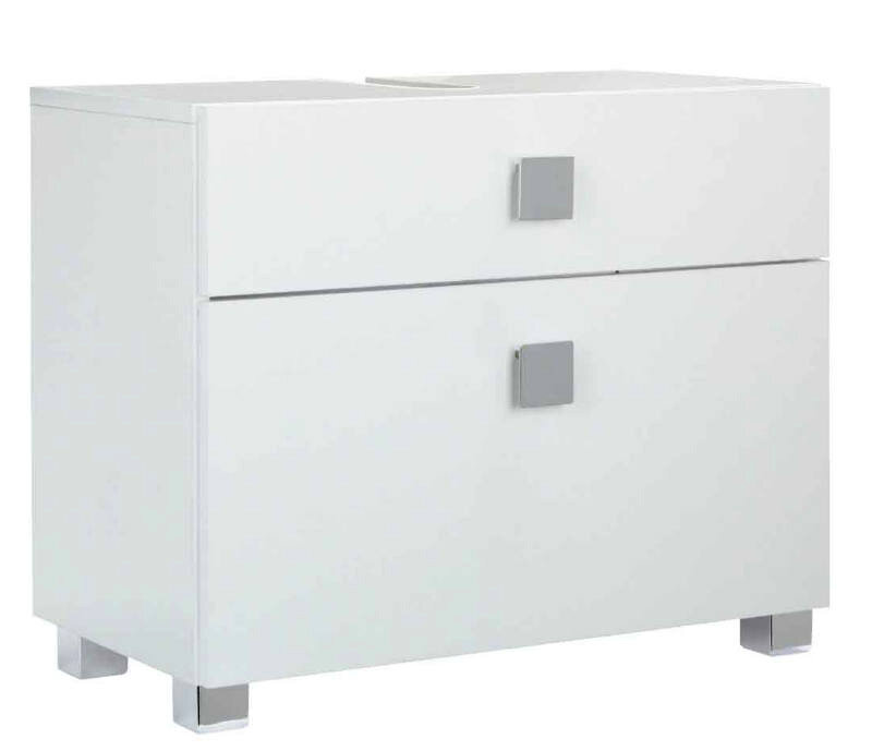 Zurbrüggen Waschbeckenunterschrank QUADRA Moderner weißer Waschbeckenunterschrank mit zwei Schubladen und quadratischen Griffen, seitliche Perspektive